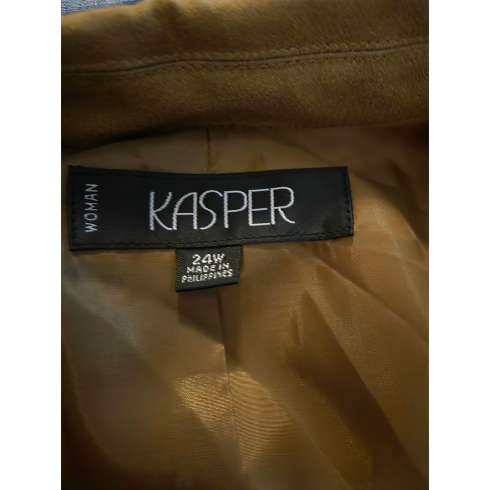 Vtg Kasper Woman Khaki Tan Contrast Stitch Blazer Jacket Plus Size 24W Tailored - Picture 11 of 15
